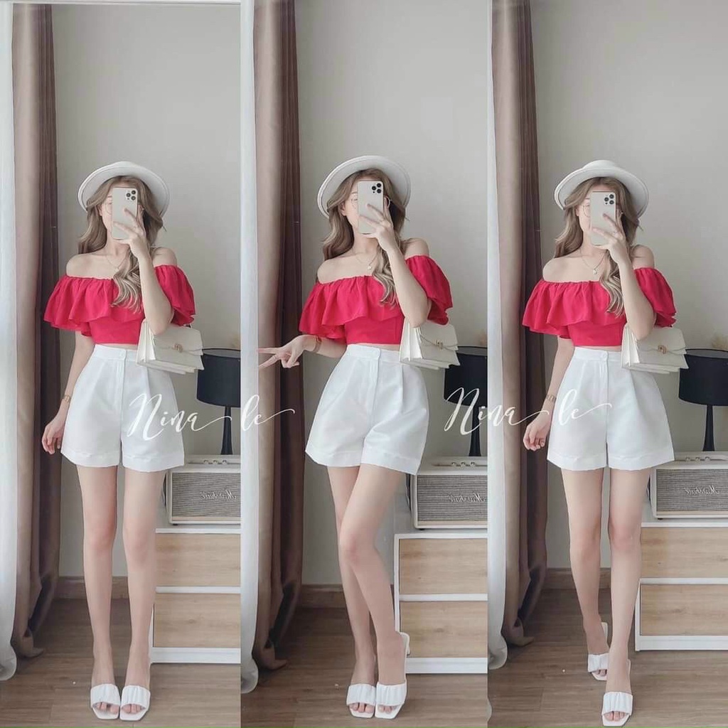 Set Áo Trễ Vai Nhún Bèo Và Quần Ngắn Xinh Xắn Rose Fashion