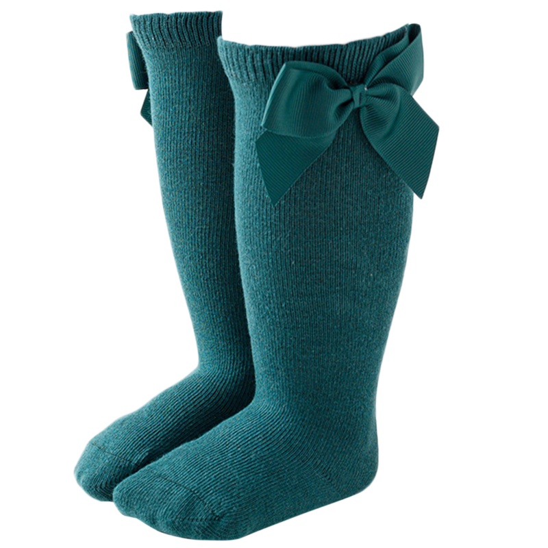 Vớ Cotton Thoáng Khí Cao Qua Gối Đính Nơ Màu Trơn Dễ Thương Cho Bé Gái