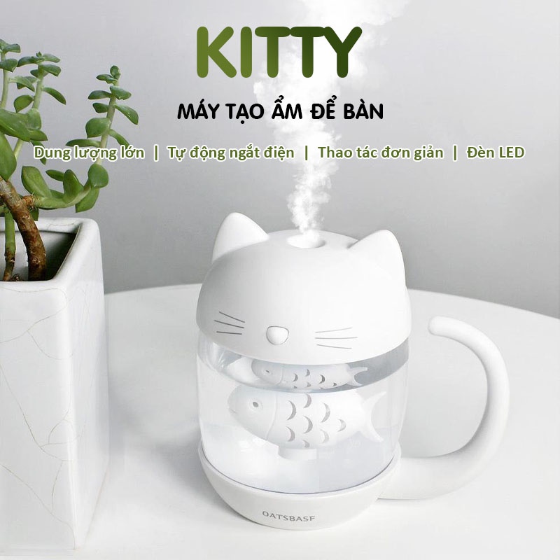 Máy Phun Sương Tạo Ẩm Con Mèo thích Con Cá Kết nối cổng USB kết nối Đèn và Quạt 3 in 1 đèn led xoay ảo