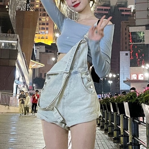 SET ÁO TRỄ VAI NỮ DÀI TAY + QUẦN YẾM SHORT JEAN TÔN DÁNG NỮ ULZZANG