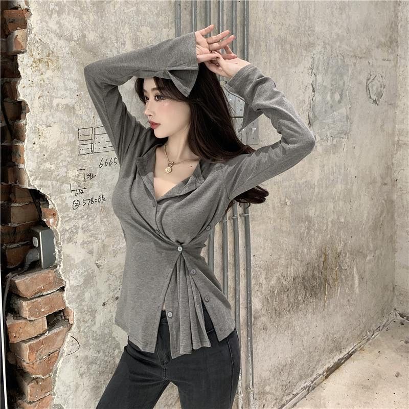 Áo thun tay dài cổ chữ V cài nút phong cách Hàn Quốc thời trang mùa thu mới cho nữ