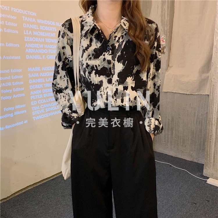 YL Chiffon Shirt With Ink Print Retro Hong Kong Fashion Spring Summer New For Women 2021