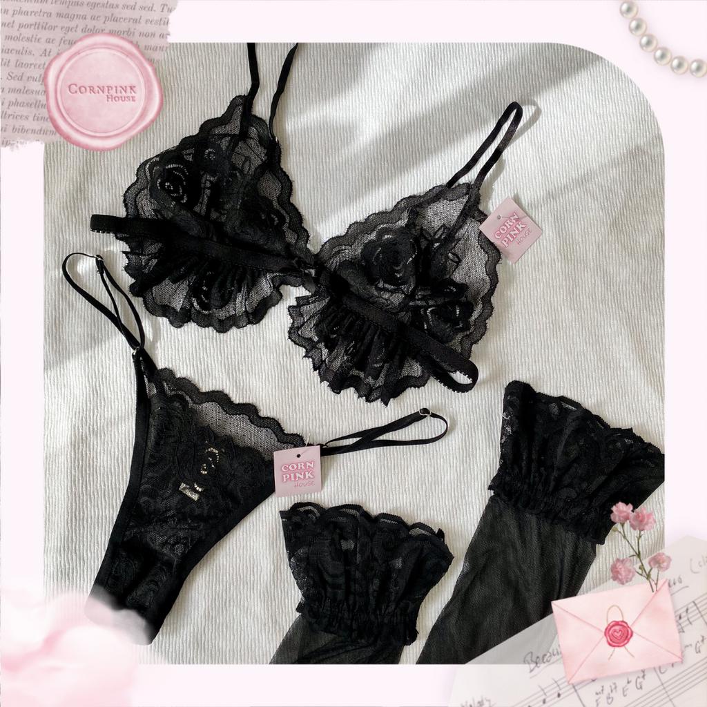 Cornpink House | Ann Bralette | Bộ đồ lót nữ ren hoa hồng đen cao cấp | Gợi cảm-Quyến rũ | Không gọng-Không mút