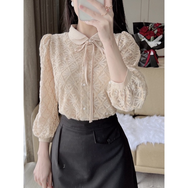 Áo sơ mi ren lông cổ nơ