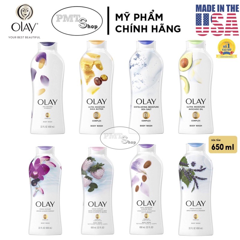 [USA] Sữa tắm dưỡng ẩm Olay 650ml Muối Biển | Hạnh Nhân | Hoa Lan | Dâu | Bơ Sữa | Chống lão hóa - Mỹ