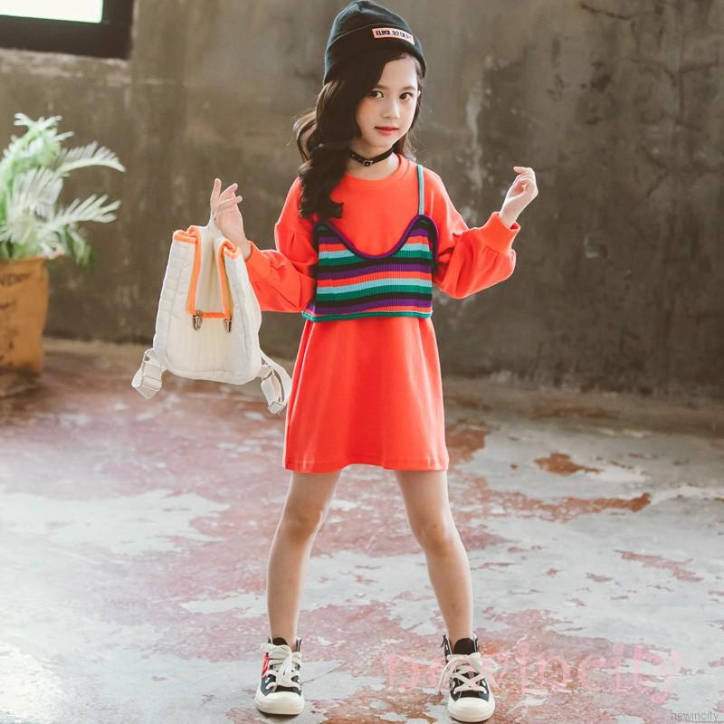 Đầm thun dài tay sọc ngang màu cầu vồng cho bé