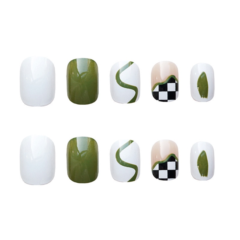 Bộ 24 Móng Tay Giả Họa Tiết Caro Kiểu Pháp Có Thể Tháo Rời Kèm Gel Thạch