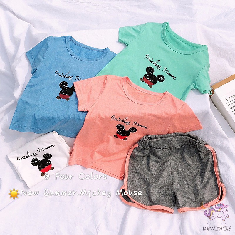 Áo Thun Tay Ngắn Và Quần Đùi In Hình Chuột Mickey Đáng Yêu Cho Bé