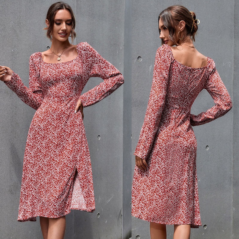 Đầm Midi Dáng Dài Cổ Vuông Tay Dài In Họa Tiết Hoa Sang Trọng Thời Trang Cho Nữ