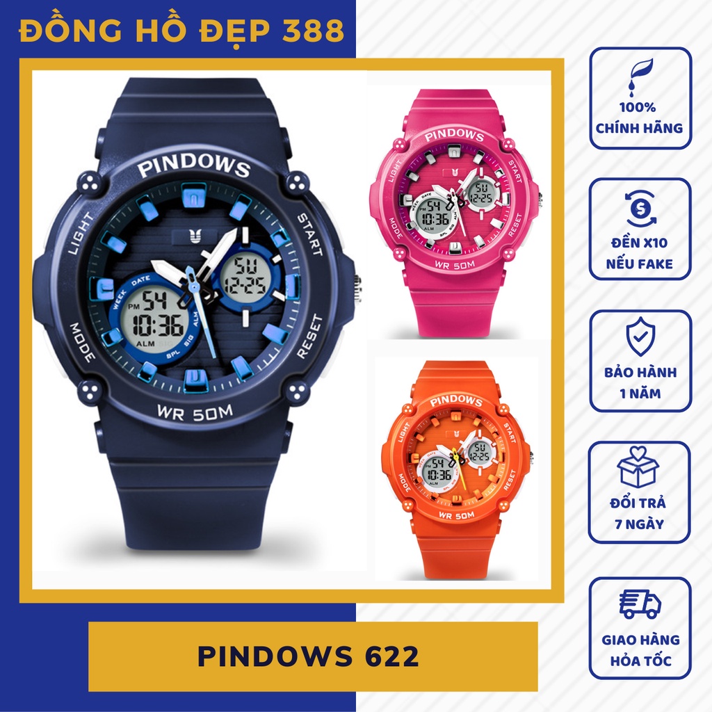 Đồng hồ thể thao nam nữ dây nhựa chính hãng thời trang mặt tròn, chống nước Pindows PD-622