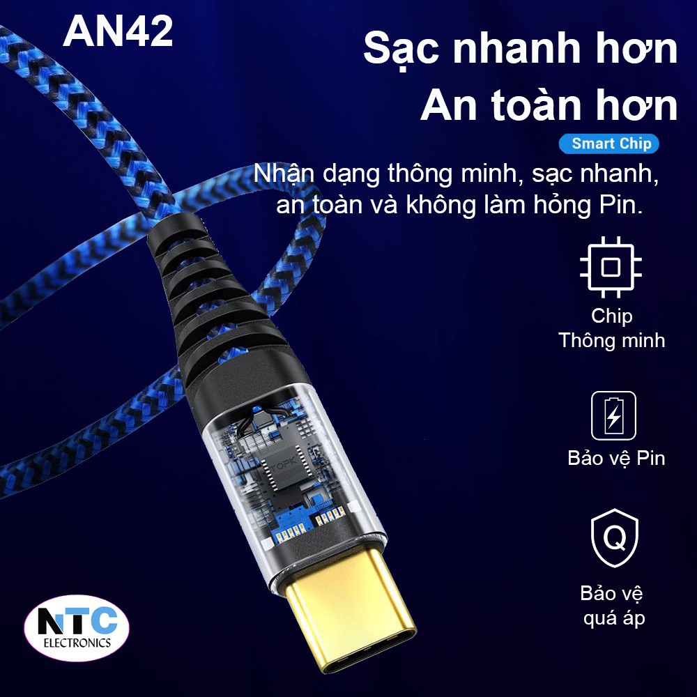 Cáp Sạc Type-C 3A AN42 TOPK Hỗ Trợ Sạc Nhanh/Truyền Dữ Liệu Thiết Kế Dây Bện Chắc Chắn [Chính Hãng]