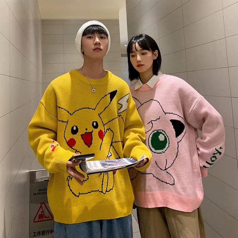 Áo sweater dệt kim tay dài cổ tròn dáng rộng in họa tiết hoạt hình phong cách Hàn Quốc thời trang unisex