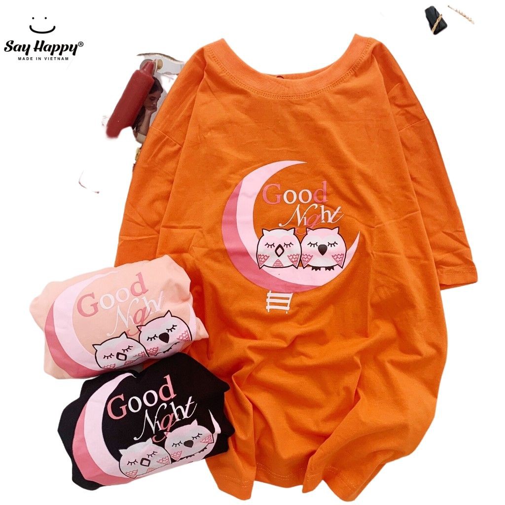 Áo Thun Tay Lỡ Unisex Dành Cho Cả Nam Và Nữ  SAY HAPPY Good Night Cú Mèo Xinh Xắn