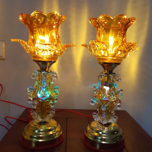 1 Đôi Đèn thờ thủy tinh LED hoa sen (cao 30cm)