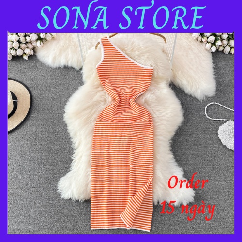 Váy body lệch vai dáng dài len dệt kim xẻ tà đầm ôm nữ sexy gợi cảm sang chảnh tiểu thư bánh bèo hàng quảng châu cao cấp