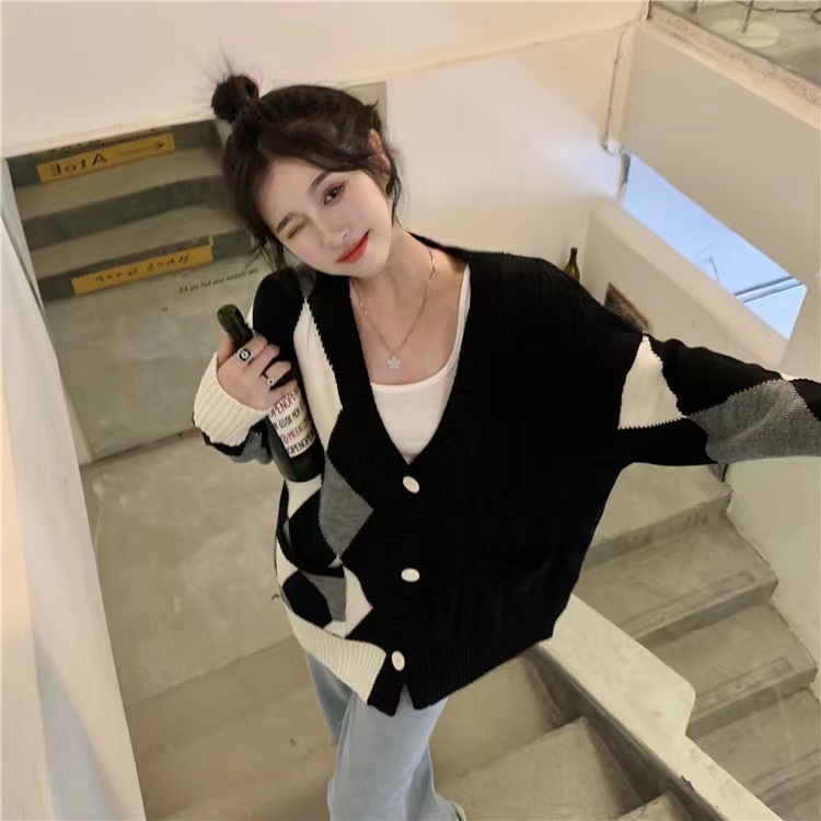 Áo khoác cardigan SUXI dệt kim tay dài dáng rộng in họa tiết kim cương phong cách vintage thời trang thu đông