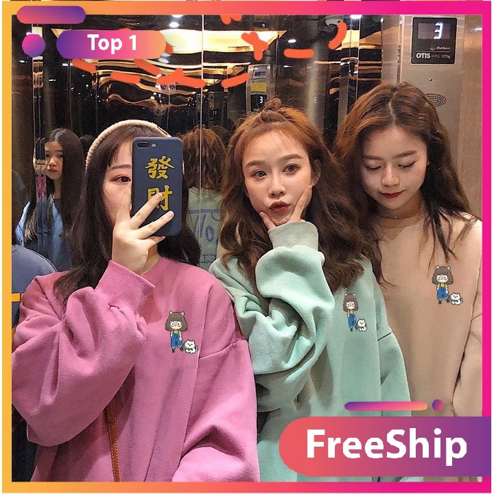 Áo sweater form rộng Unisex cô chủ và cún con siêu xinh PT5, Áo hoodie nỉ không mũ phong cách oversize streetwear | BigBuy360 - bigbuy360.vn