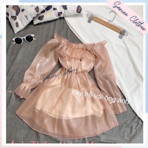 Váy nữ trễ vai bèo bo chun ngực chất voan lụa lấp lánh trắng hồng váy nữ sexy bánh bèo ulzzang saniee clothes