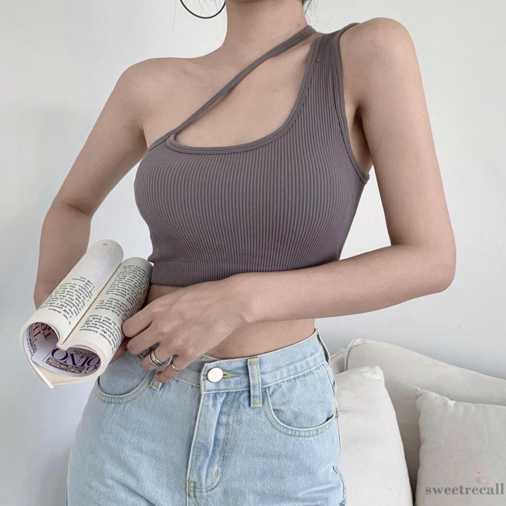 Áo croptop không tay dáng ôm có đệm lót ngực thiết kế lệch một bên vai phong cách cá tính cho nữ