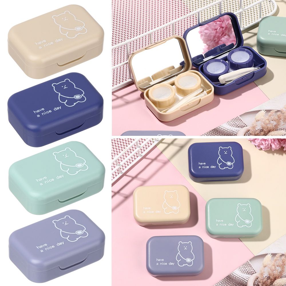 Unmegoni đựng kính áp tròng nhiều màu sắc hình gấu hoạt hình nhỏ dễ thương có gương mang theo khi đi du lịch