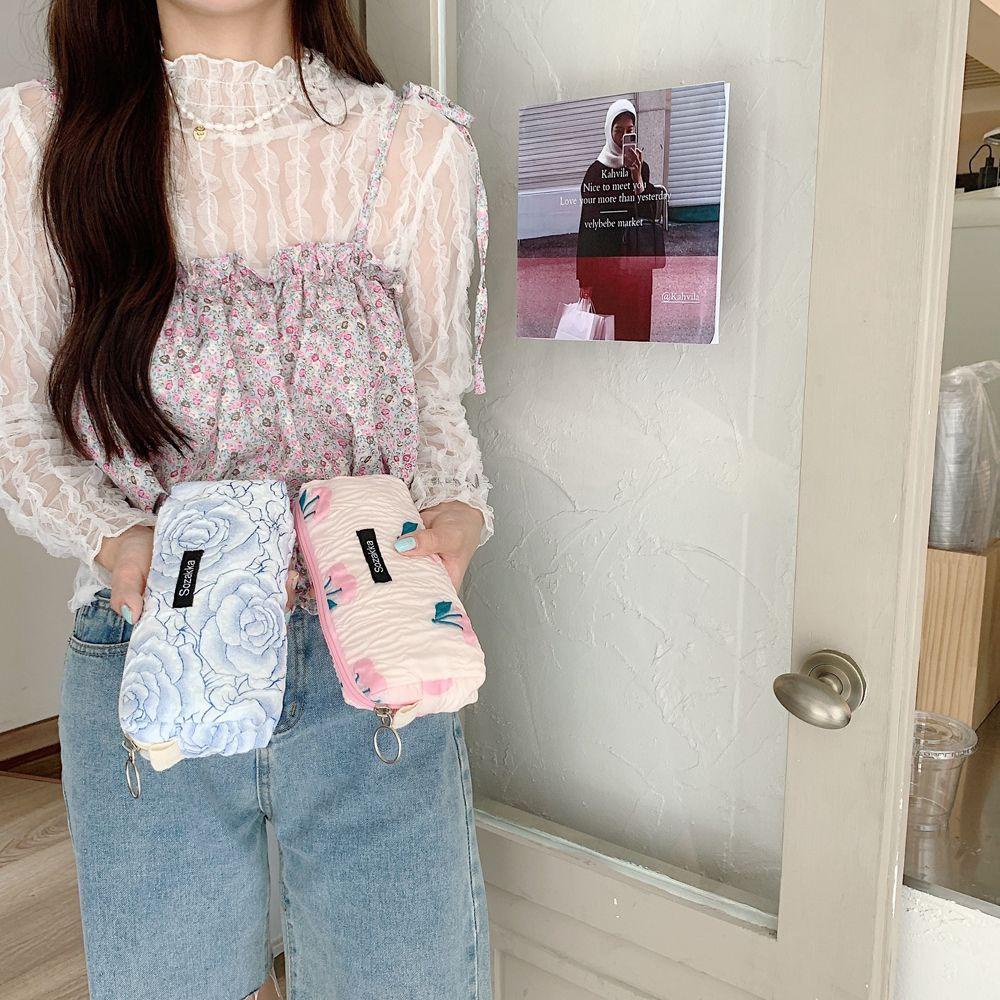 Túi Đựng Mỹ Phẩm Hình Vuông Có Khóa Kéo Họa Tiết Hoa Phong Cách Nhật Bản