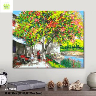 (Khung dày 2.5cm) tranh sơn dầu số hóa Hoa Phượng Đỏ size 40x50 đã căng khung và đầy đủ phụ kiện