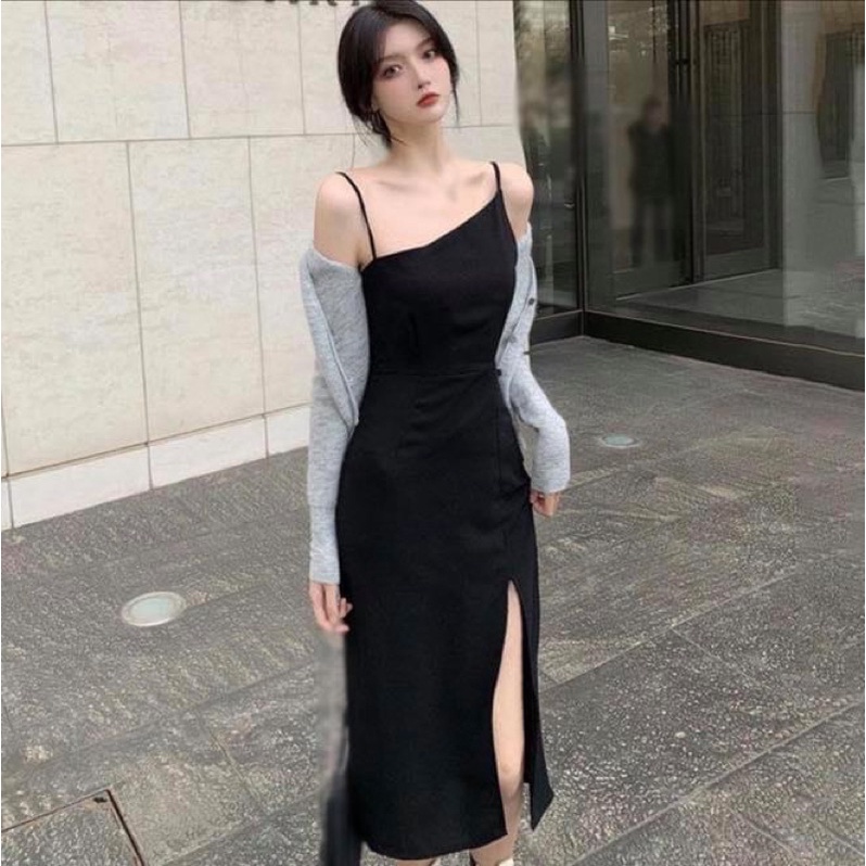 Đầm hai dây maxi dài dáng suông đen xẻ tà quyến rũ - Order taobao quảng châu