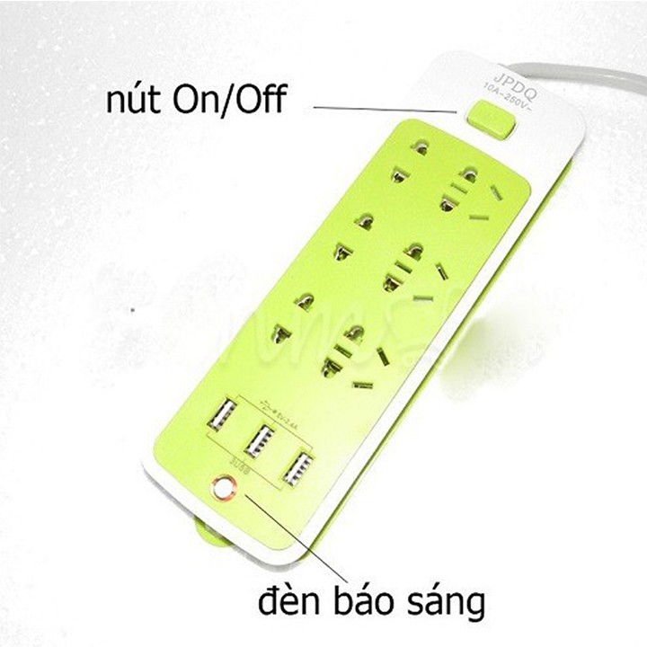 Ổ Cắm Điện Thông Minh Đa Năng Chống Giật 6 Cổng Thường, 3 Cổng USB, Có Đèn Báo và Công Tắc Bật/Tắt