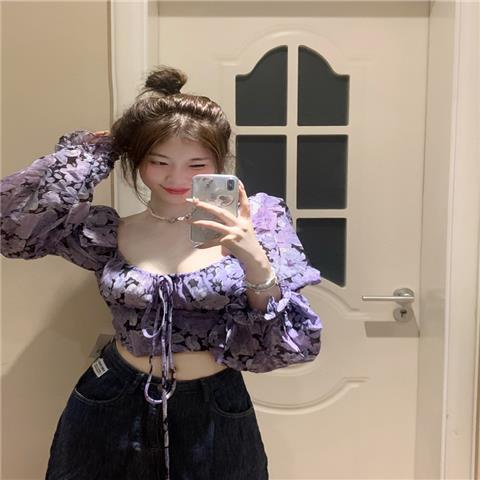 Áo kiểu JSC tay dài hở vai in họa tiết hoa phong cách Pháp thời trang mùa thu cho nữ