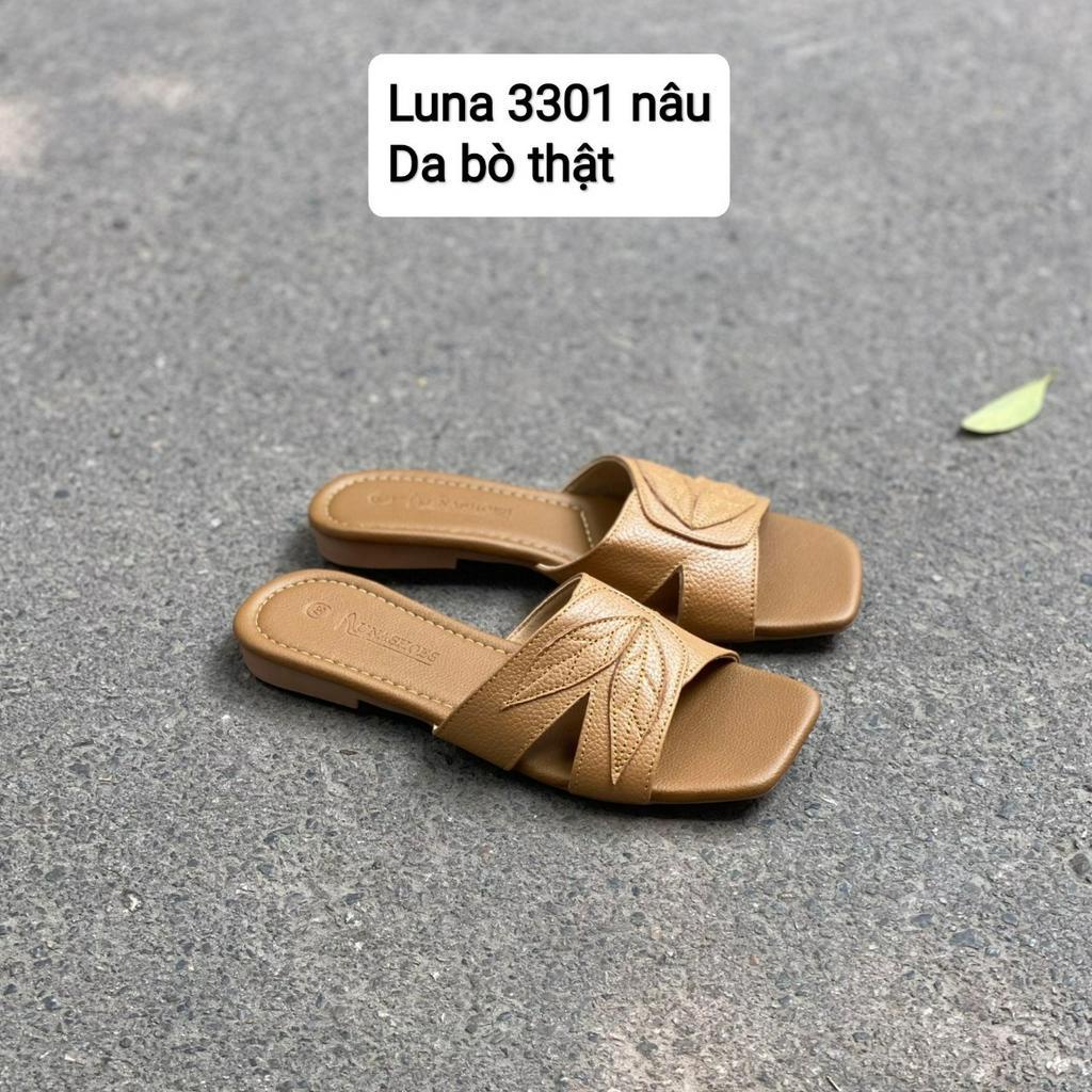 Dép nữ quai chéo họa tiết chiếc lá đế bệt LUNASHOES 3301 da bò mềm hở mũi chống nước êm chân đi hàng ngày