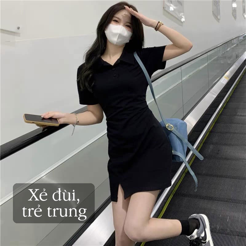 Váy Polo Body Tay Ngắn, Đầm Suông Nữ Xẻ Đùi Cổ V Dáng Ôm Ngắn Thể Thao Sexy V092