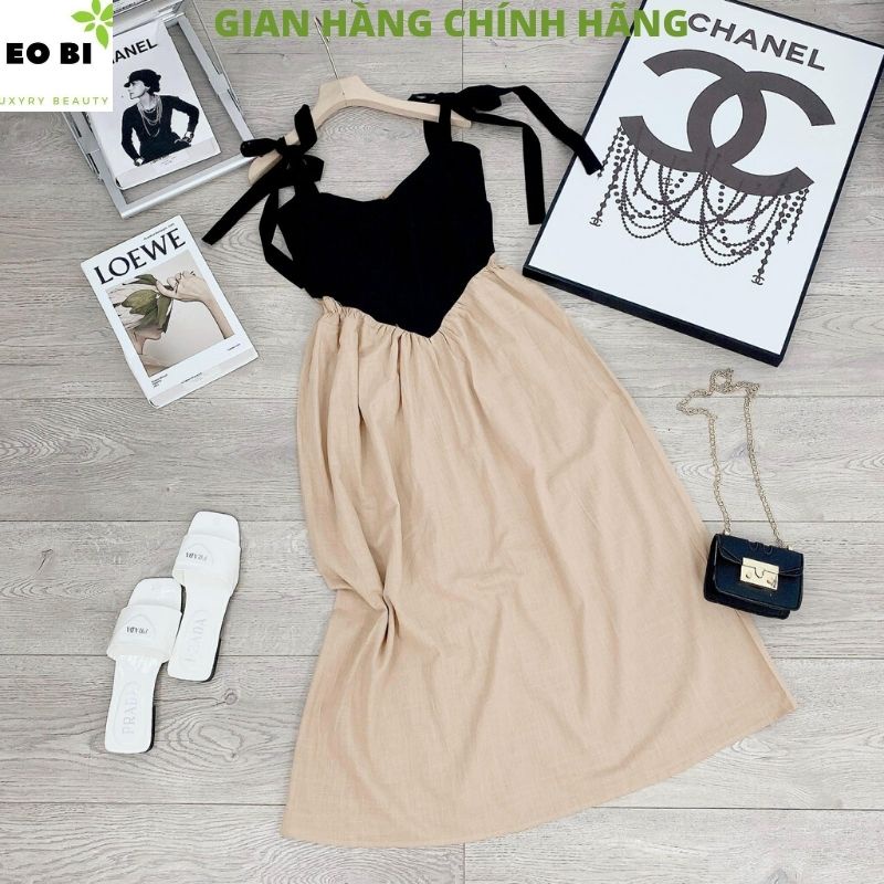 Đầm Maxi 2 Dây Ngực Trái Tim Lưng Chun - Váy Nữ Dáng Dài Vải Đũi Phối Màu đi biển đi chơi bồng bềnh - EOBISHOP