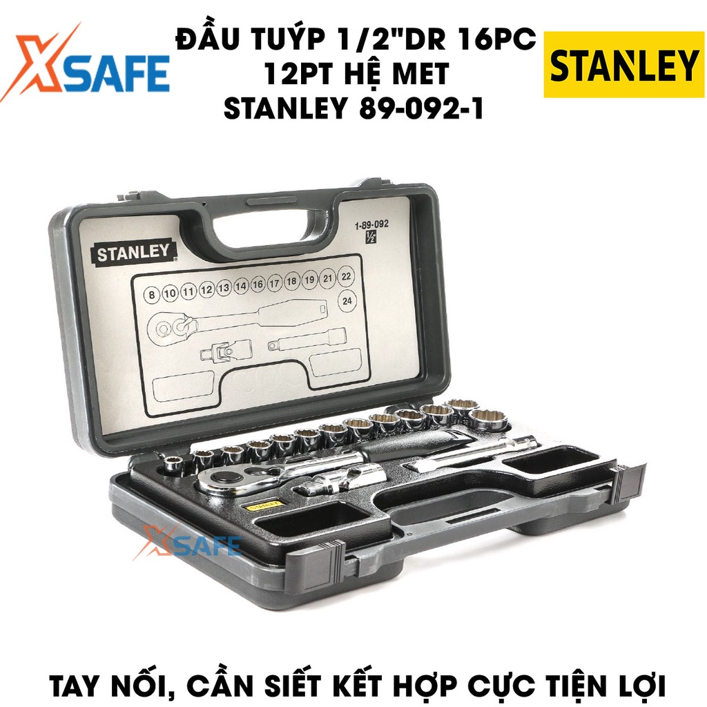 Đầu tuýp 1/2 inch DR 12PT HỆ MET STANLEY 89-092-1 16 chi tiết, đầu tuýp 12 góc, thép CR-V cứng cáp, không gỉ chính hãng