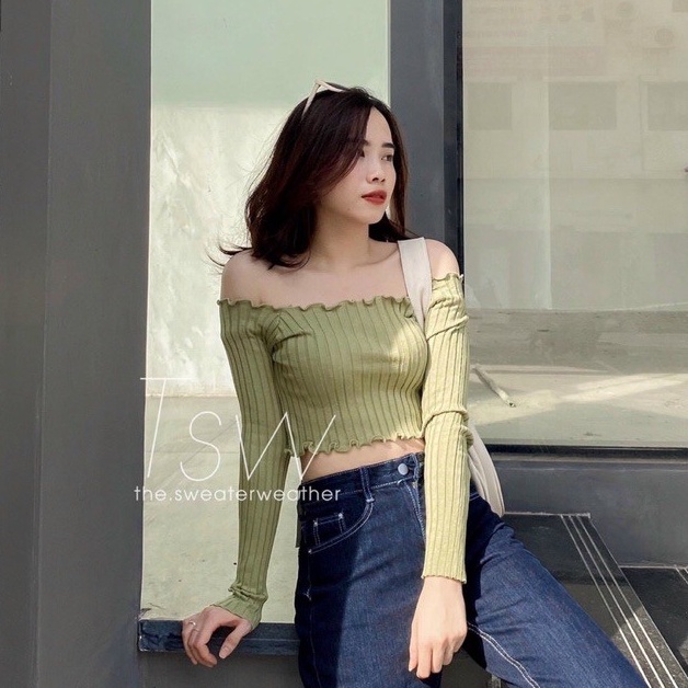 Áo len croptop cổ thuyền trễ vai dài tay, Áo len kiểu trễ vai dáng ngắn AL1268 - NhiNhi Shop