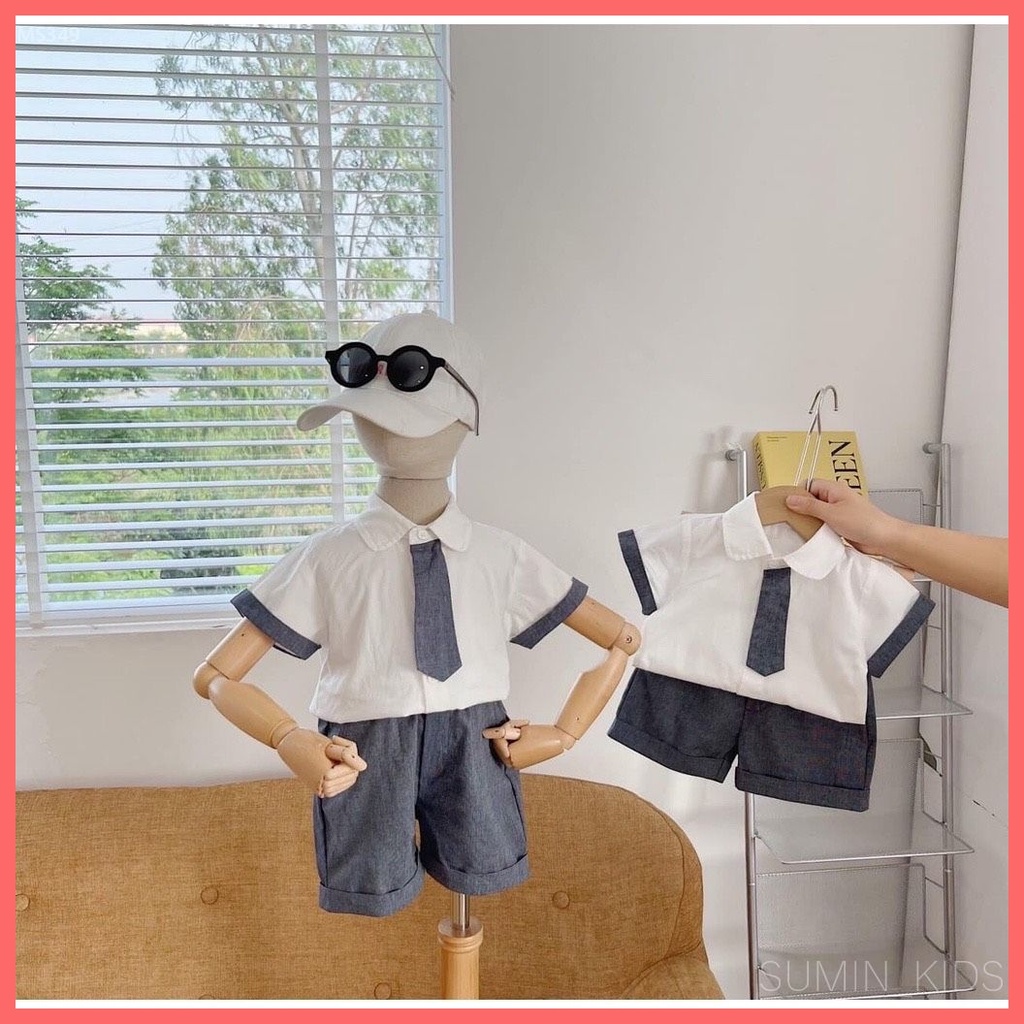 Set sơ mi trắng cho bé trai - Thời trang trẻ em Sumin Kids - Quần kaki mềm mại kèm cà vạt