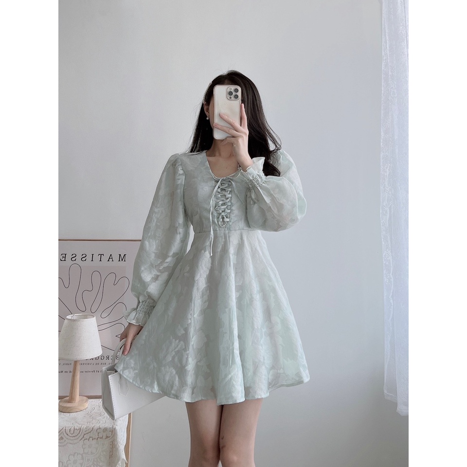 Đầm hoa dự tiệc tay phồng Cột nơ vintage Kiểu đầm xòe nhẹ công chúa.
