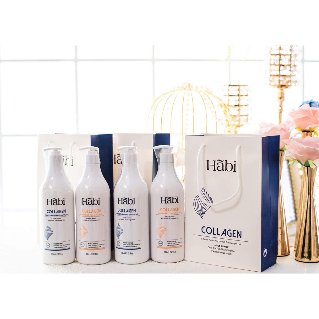 Bộ Dầu Gội Xả HãBi Collagen Phục Hồi Tóc Hư Tổn Hương Nước Hoa Ý 800MLX2 - Hàng Chính Hãng Pink Cosmetic