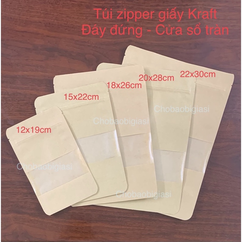 Túi zipper giấy Kraft đáy đứng cửa sổ Tràn đựng trái cây sấy, khô gà, các loại hạt, bột, đậu... (sp y hình)