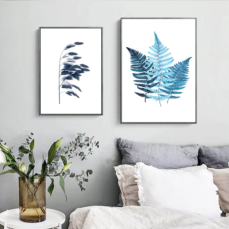 Tranh canvas treo tường hình hoa lá xanh dương / botanical phong cách Bắc Âu tối giản