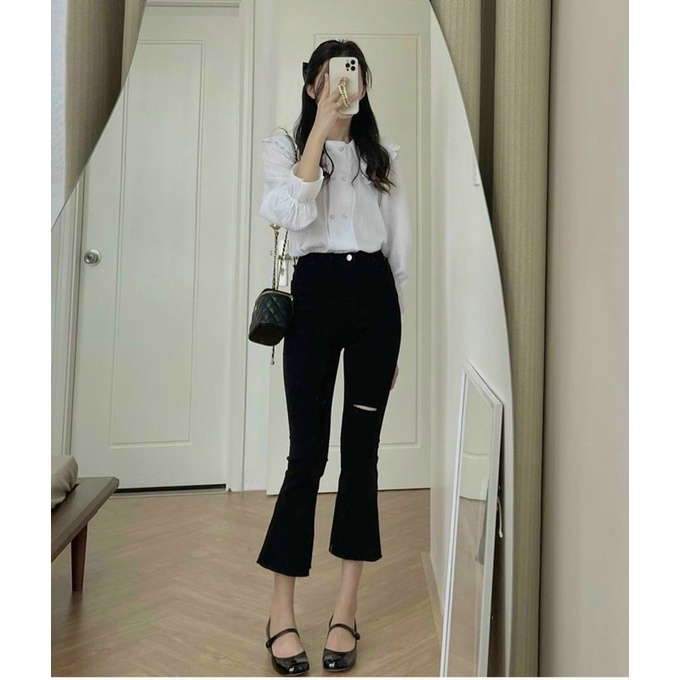 Quần jean ống loe rách gối nữ lưng cao hack dáng ulzzang quảng châu