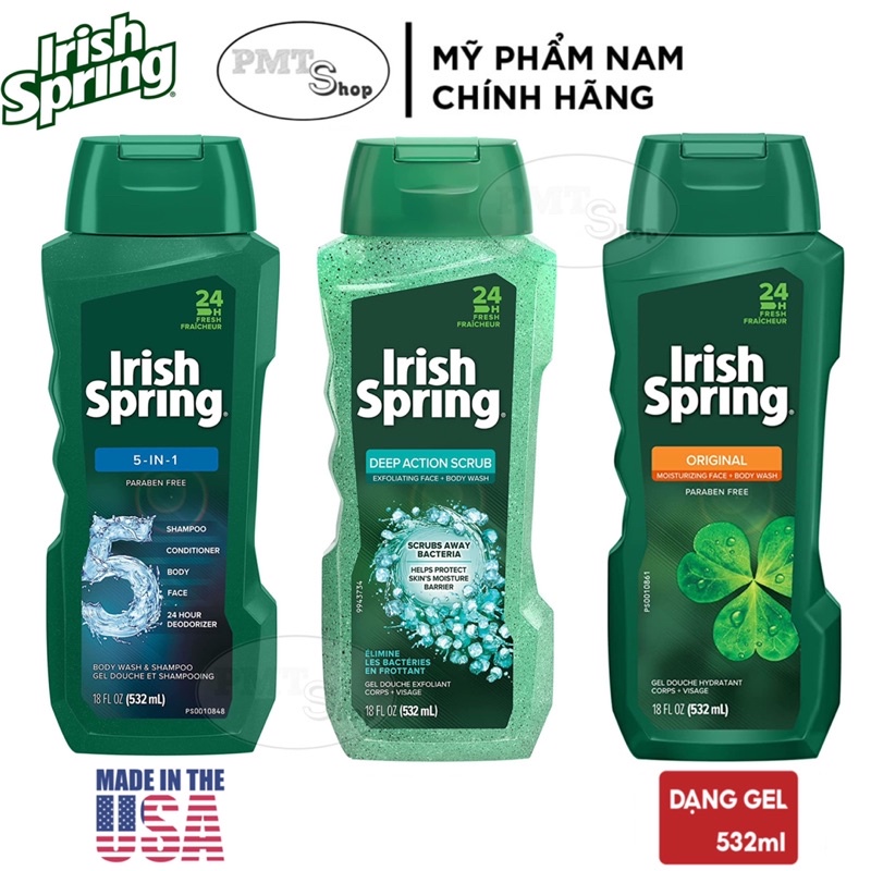 Sữa Tắm nam Irish Spring 532ml Original | Deep Action Scrub | 5in1