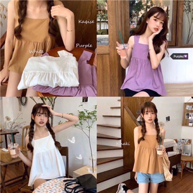 Áo babydoll hai dây bản to buộc nơ sau chất đũi lụa