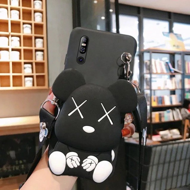 Samsung S9 S9PLUS S10 S10PLUS S7edge S21Ultra S21+ A12 A42 5G A6 A8 2018 A6Plus A6+ A8Plus A8+ Cartoon Bear fashion creative wallet mobile phone protective case lanyard backpack mobile phone soft shell silicone bear zero wallet mobile phone protective