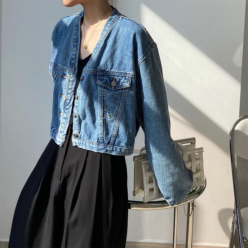 Áo khoác Denim cổ chữ V lưng cao phong cách retro Hong Kong | BigBuy360 - bigbuy360.vn