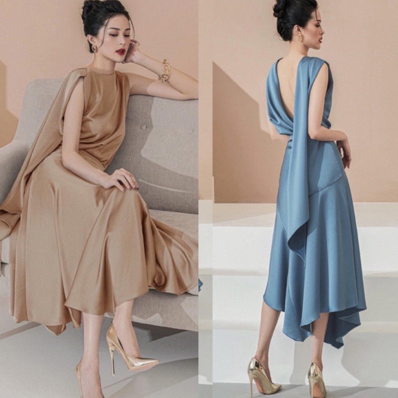 set trang phục áo vạt sau hở lưng chân váy xoè