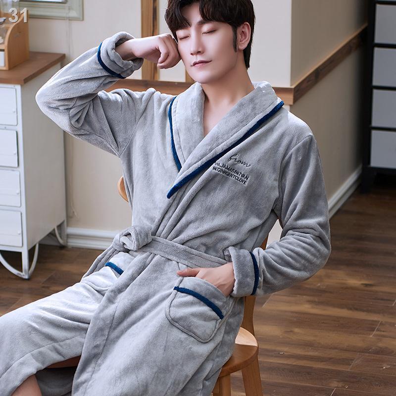 ﹍❒Áo choàng ngủ của phụ nữ mùa đông dài san hô nhung dày cộng với ấm áp vài tắm flannel nam giới thu và