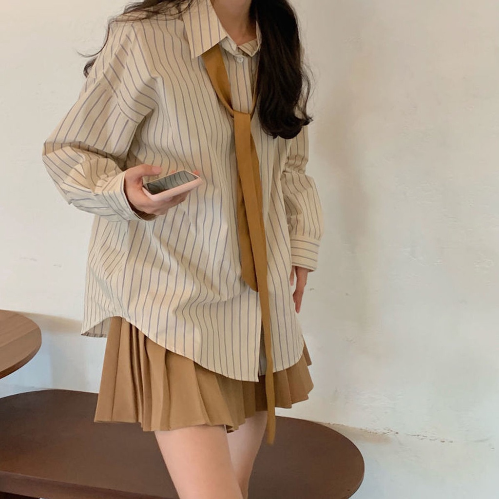 Set Áo Sơ Mi Kẻ Sọc Và Chân Váy Xếp Ly Thời Trang Xuân Hè Trẻ Trung Cho Nữ
