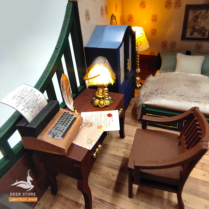 Nhà búp bê tự làm bằng gỗ Kiểu cổ điển Bungalow Retro. Tặng 3 Bình keo dán, Dụng Cụ và Đèn Led. Quà tặng ý nghĩa M2132