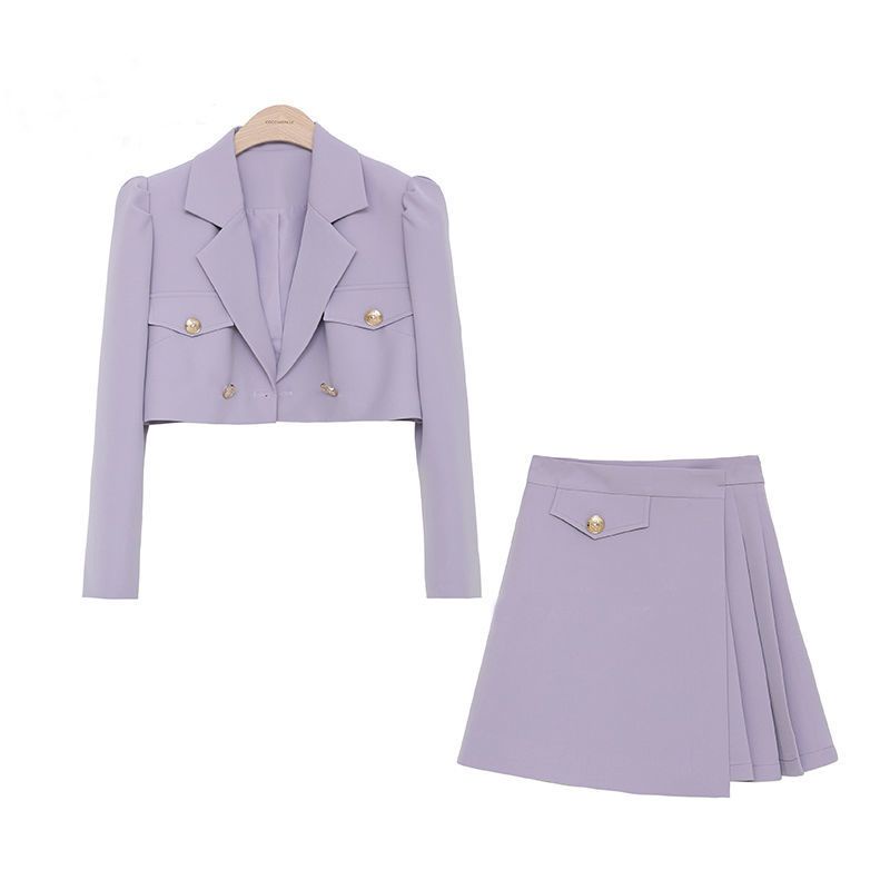 Set Áo Khoác Vest Chân Váy Xếp Ly Lệch Tím Pastel