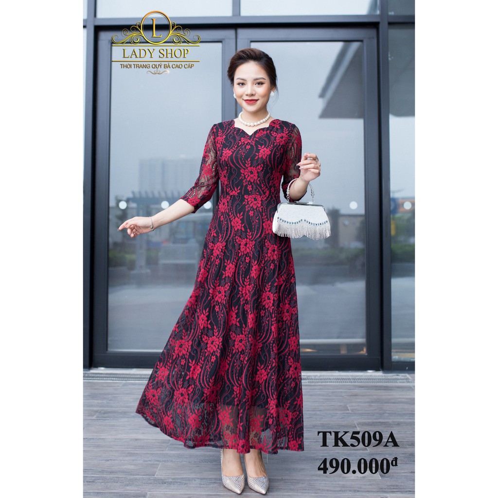 Thời trang trung niên - Đầm quý bà cao cấp - Ladyshop - Đầm maxi ren hoa cổ hoa TK509